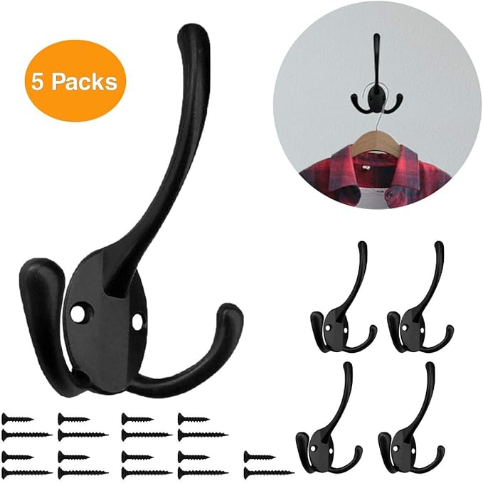 Wall Mounted Coat Hooks 5 Pack Heavy Duty Black Hardware Robe Hooks Decorative for Single Hanging Coats Towel Cubicle Classroom Kitchen Bath Backpack Hat Hook