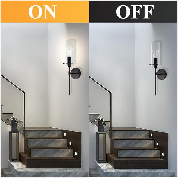 Modern Wall Sconces Set of Two, Black Wall Sconce with Clear Glass Shade, Hardwired Wall Mount Light Fixtures for Living Room Bathroom, Bedroom, Hallway