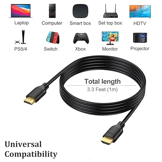 4K HDMI Cable 3FT 5-Pack, High Speed HDMI to HDMI Cable 3 Feet HDMI 2.0 Cord Supports 4K@60Hz, 2K, 1080P, HDCP 2.2, HDR, 3D, ARC & Ethernet for HDTV, Laptop, Monitor, PS5, Xbox