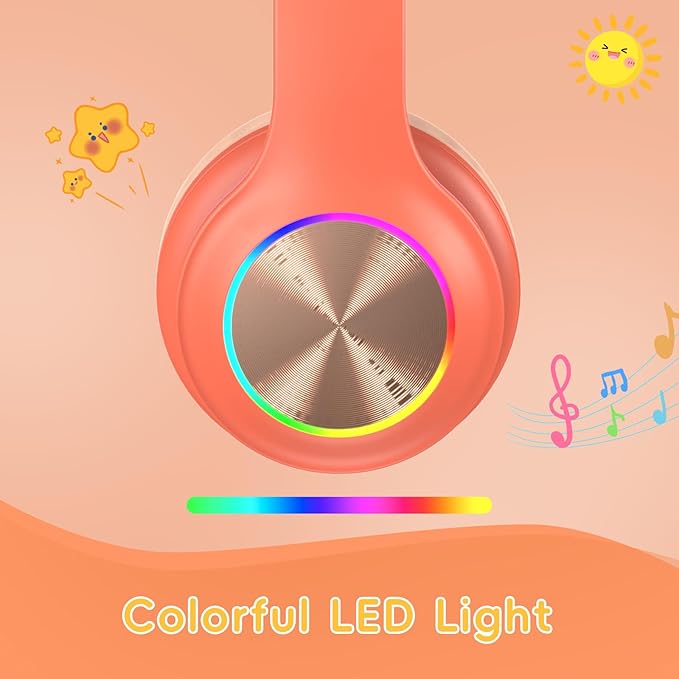 Kids Bluetooth 6.0 Headphones with LED Light, 85Hours Playtimes, Type-C Fast Charging, 85/94dB Volume Limited, Wireless Headphones with Built-in Mic, Wired & TF Card Mode, Pink and Orange