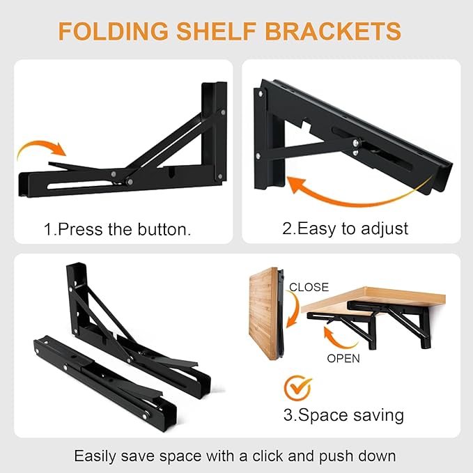 Storystore Folding Shelf Brackets - 16 Inch Heavy Duty Metal Collapsible Shelf Bracket for Bench Table, Shelf Hinge Wall Mounted Space Saving DIY Bracket, Max Load: 150 lb 2 PCS (Black)