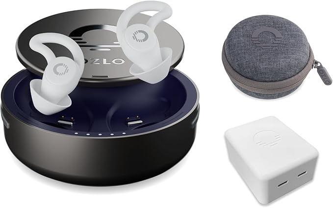 Ozlo Sleepbuds, Travel Case and USB-C Charging Block Bundle | Noise-Masking Sleep Earbuds | Hard Shell Case | Side Sleeper Headphones with Charger
