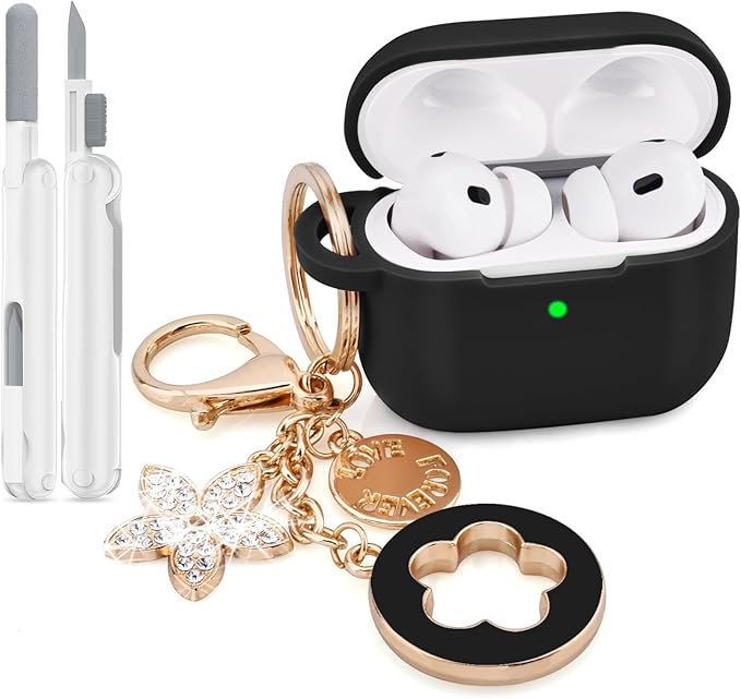 VISOOM for AirPods Pro 3 Case 2025, Silicone Case for Apple Air Pods Pro 3rd Generation Cover, Cute iPods 3 Protective Cover with Bling Keychain & Cleaning Kit,Black