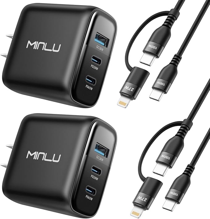 65W USB C Charger Block, MINLU GaN 3-Port Compact Fast PPS Wall Charger with 100W 2 in 1 USB-C to C/L Cable,Fast Charging for MacBook Pro/Air,iPad,iPhone 17 16 15 Series,Galaxy S25 UItra PS - 2Pack