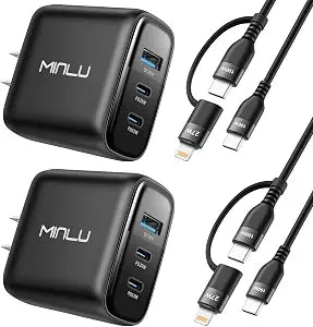 65W USB C Charger Block, MINLU GaN 3-Port Compact Fast PPS Wall Charger with 100W 2 in 1 USB-C to C/L Cable,Fast Charging for MacBook Pro/Air,iPad,iPhone 17 16 15 Series,Galaxy S25 UItra PS - 2Pack