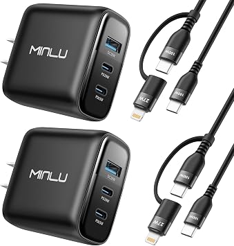 65W USB C Charger Block, MINLU GaN 3-Port Compact Fast PPS Wall Charger with 100W 2 in 1 USB-C to C/L Cable,Fast Charging for MacBook Pro/Air,iPad,iPhone 17 16 15 Series,Galaxy S25 UItra PS - 2Pack