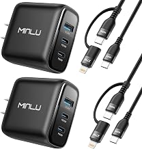 65W USB C Charger Block, MINLU GaN 3-Port Compact Fast PPS Wall Charger with 100W 2 in 1 USB-C to C/L Cable,Fast Charging for MacBook Pro/Air,iPad,iPhone 17 16 15 Series,Galaxy S25 UItra PS - 2Pack