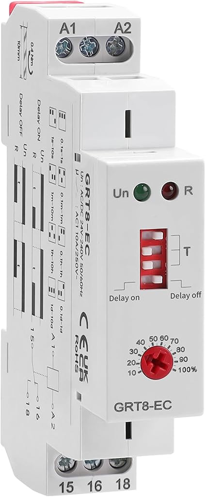 10A Delay On or Delay Off GRT8-EC Dual Function Economic Time Relay, 10 Amps Adjustable Timer Delay Relay, Voltage Range AC DC 24V to 240V DIN Rail Relays of Wide Time Delay Range for 0.1s to 10 Days