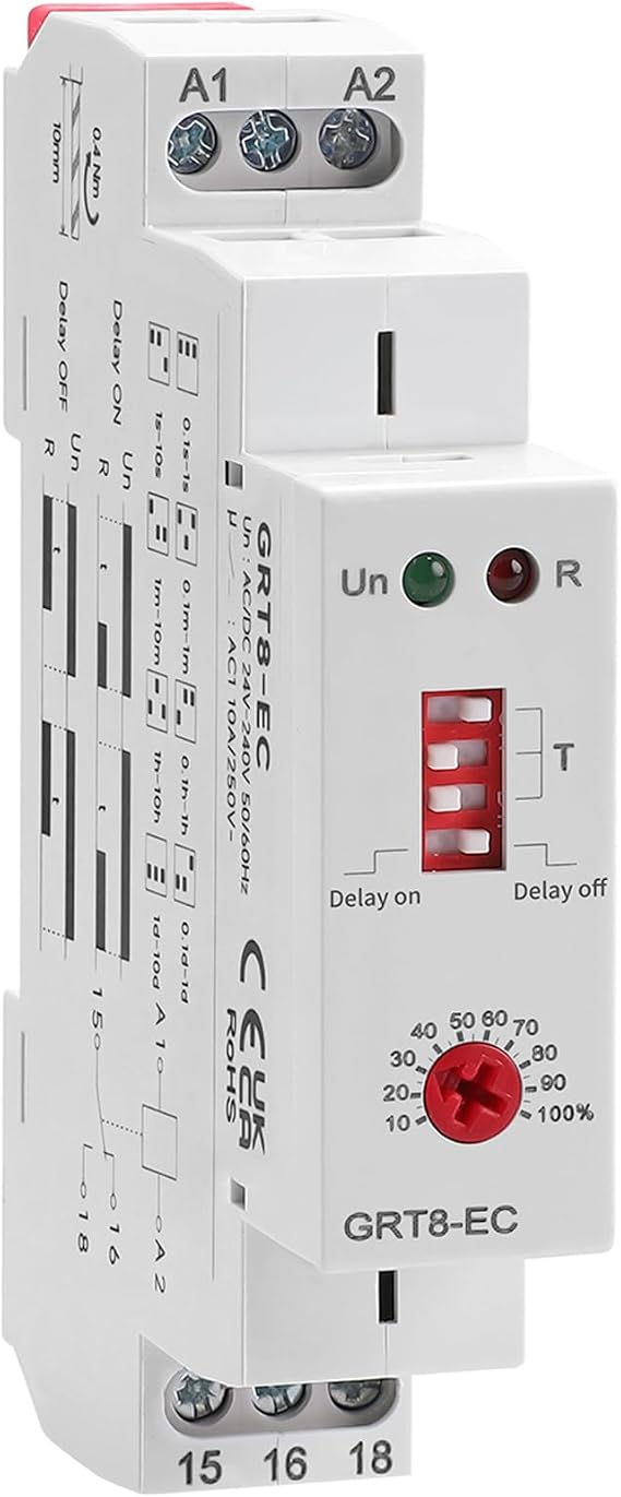 10A Delay On or Delay Off GRT8-EC Dual Function Economic Time Relay, 10 Amps Adjustable Timer Delay Relay, Voltage Range AC DC 24V to 240V DIN Rail Relays of Wide Time Delay Range for 0.1s to 10 Days