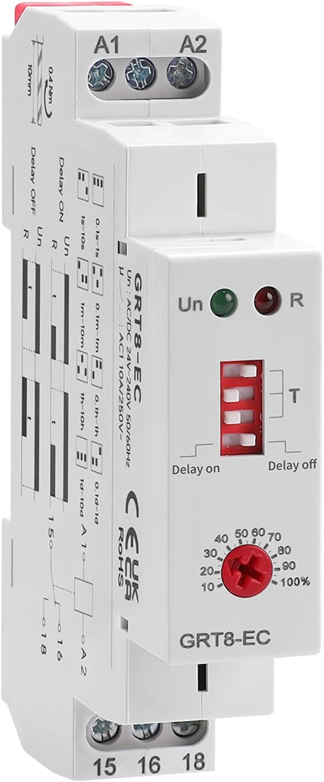 10A Delay On or Delay Off GRT8-EC Dual Function Economic Time Relay, 10 Amps Adjustable Timer Delay Relay, Voltage Range AC DC 24V to 240V DIN Rail Relays of Wide Time Delay Range for 0.1s to 10 Days