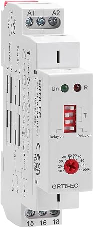 10A Delay On or Delay Off GRT8-EC Dual Function Economic Time Relay, 10 Amps Adjustable Timer Delay Relay, Voltage Range AC DC 24V to 240V DIN Rail Relays of Wide Time Delay Range for 0.1s to 10 Days