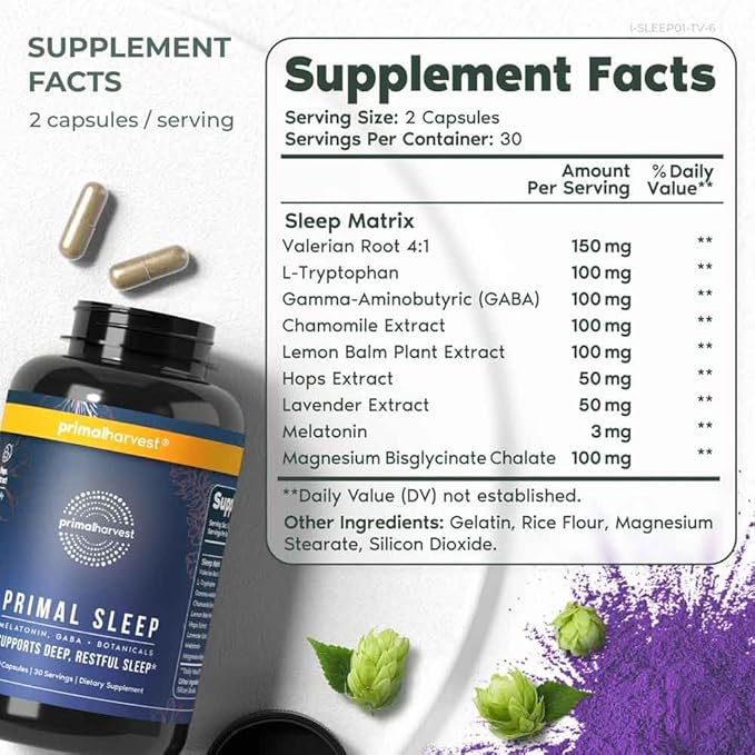 Primal Harvest Primal Sleep Support Supplement for Adults with Melatonin, GABA, Valerian Root, L-Tryptophan, Magnesium Bisglycinate Chelate, and Chamomile for Deep Restful Sleep