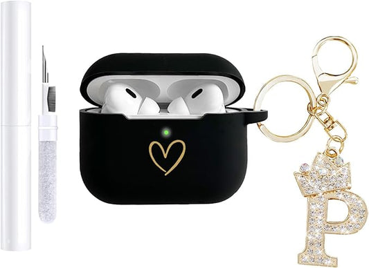 Compatible with AirPods Pro 3 Case Cover (2025), Soft Silicone Case with Gold Heart Pattern for AirPods Pro 3rd Generation Case with Rhinestone Studded Letter A-Z Keychain (P Black)