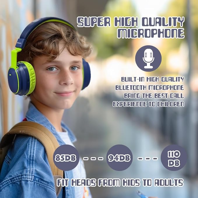 Kids Headphones Bluetooth 5.3 Wireless Lightweight Fast Charging 68 Hours Play Time Volume Limited 85/94dB Over Ear Foldable with Built-in Mic for Toddler Boy Tablet Pad Deepblue