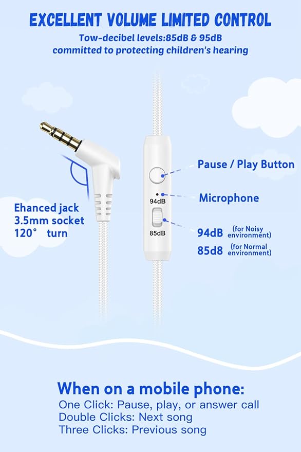 New Bee Kids Headphones for School with Microphone KH20 HD Stereo Safe Volume Limited 85dB/94dB Foldable Lightweight On-Ear Headphone for PC/Mac/Android/Kindle/Tablet/Pad (White)