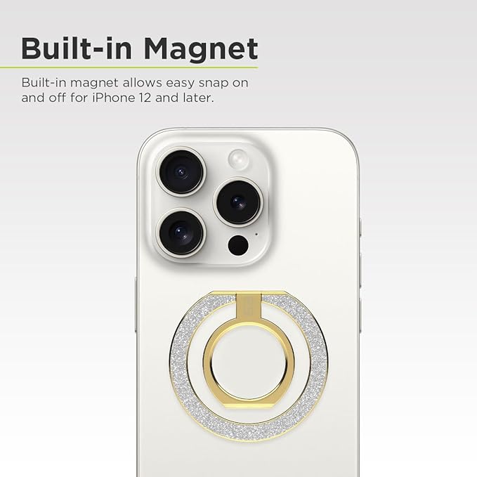 PureGear Magnetic Phone Grip Ring Stand, Magnetic Phone Ring Holder for MagSafe iPhone Air, 17, 17Pro, 17ProMax, 16, 16Plus, 16ProMax, 15, 14, 13, 12 Adjustable Kickstand(Gold with Silver Glitter)