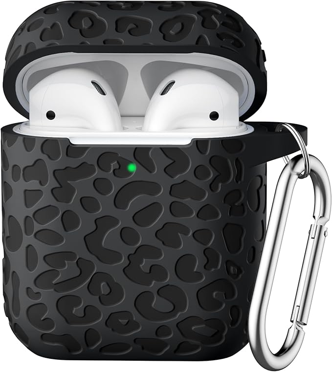 for Airpod Case &2nd Generation Leropard Engraved Skin Cover Compatible with Apple AirPods 2nd/1st Charging,Cute Soft Silicone Full Protective, Front LED Visible, Black