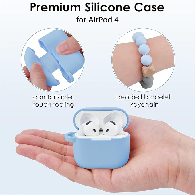 Filoto Compatible with AirPods 4 Case - Soft Silicone Cover with Bracelet Lanyard and Keychain, Shockproof and Scratch-Resistant, Cute Design for AirPods 4th Generation(Gray Blue)