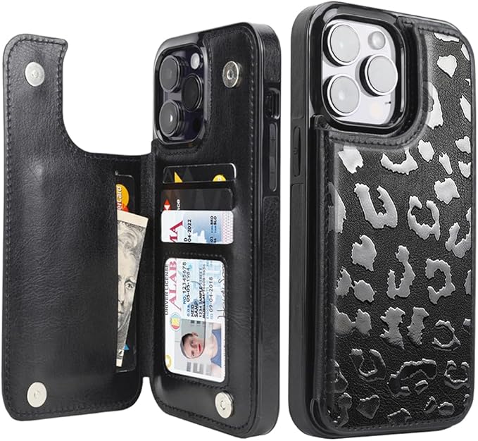 uCOLOR Compatible with iPhone 14 Pro Max 6.7" Wallet Case with Card Holder Folio Flip PU Leather Kickstand Card Slots Case Double Magnetic Clasp and RFID Blocking Cover 6.7 Inch (Black Leopard)
