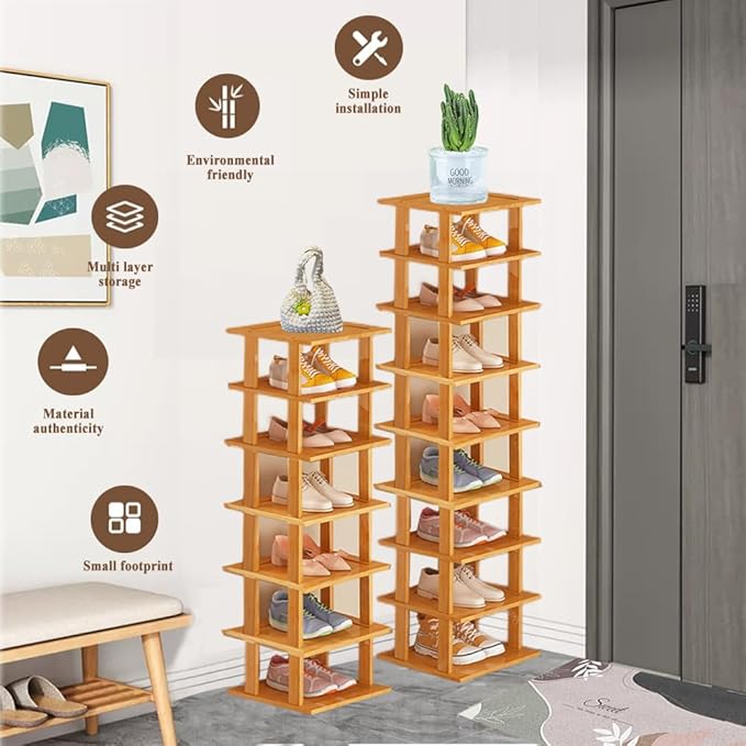 Bamboo Vertical Shoe Rack for Entryway,Narrow Shoe Rack Stackable,Minimalist Shoe Storage,5 Tier Standing Shoe Organizer for Garage Corner Bedroom Hallway(Bamboo Color,5-Tier)