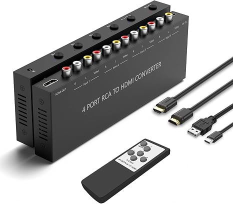 4 AV to HDMI RCA to HDMI Converter 1080P/720P 4 Way RCA Composite CVBS AV Switch to HDMI Converter Adapter Support 4:3/16:9 Switching For Sega Xbox PS1 PS2 PS3 N64 NGC SNES WII VHS VCR Camera DVD