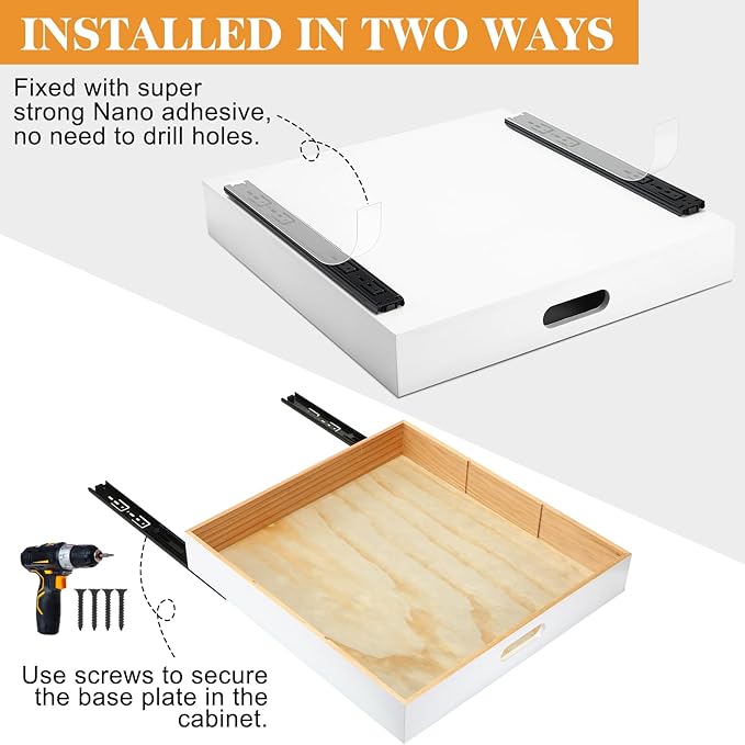 2 PCS Wood Pull Out Cabinet Organizers with Removable Dividers, 20''W x 21''D Nail-free Wood Sliding Drawers with Adhesive Tape, Roll Out Shelves for Kitchen, Pantry, Office (White)