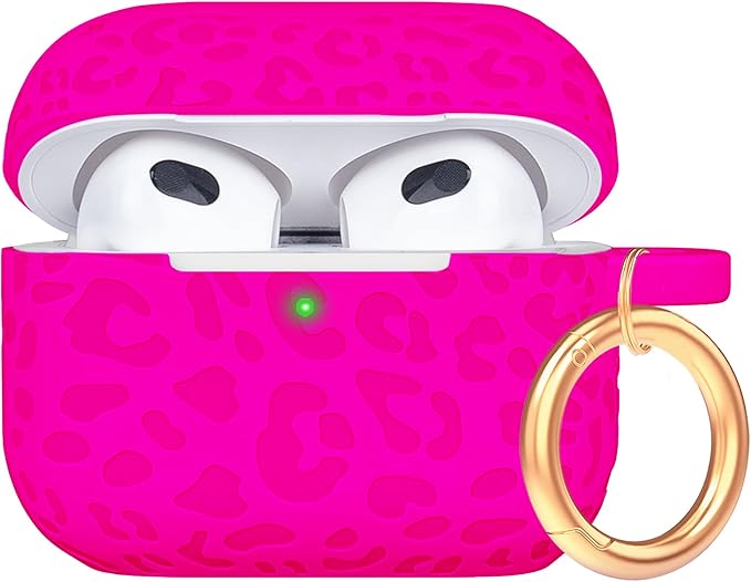 Engraved Case for AirPods 3rd Generation Carving Cover with Keychain, Leopard Skin Soft Cover for Compatible with AirPods 3rd Generation Case Full Protection,Front LED Visible,Hot Pink