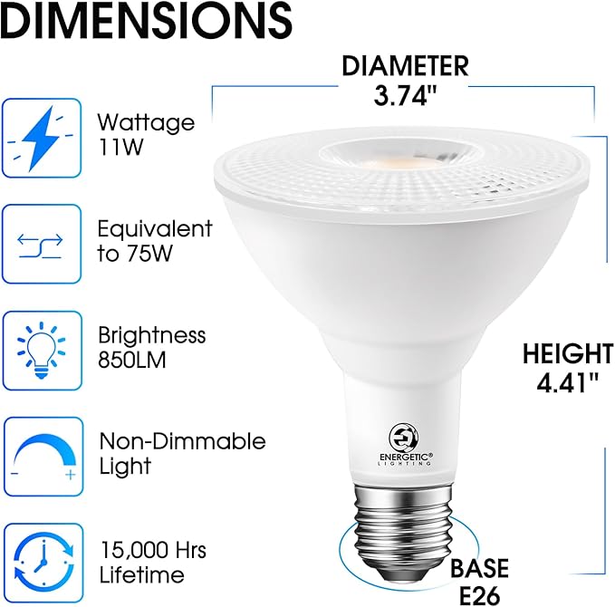Energetic PAR30 2-Pack Dusk to Dawn LED Outdoor Flood Light Bulb, 75 Watt Equivalent(11W), 850LM, 5000K Daylight, E26 Base, Automatic On/Off Sensor Light Bulb for Porch, Hallway, ETL Listed