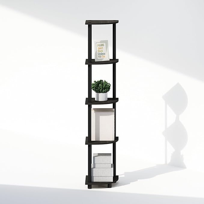 Furinno Turn-N-Tube Corner Shelf, 5-Tier Corner Bookshelf, Open Storage Shelves, for Organization and Storage, Living Room, Home Office, Garage, Bedroom, Espresso