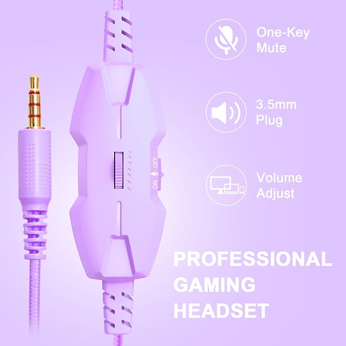 A88 Gaming Headset with Mic for Ps5, Pc, Xbox One Series X/s, Ps4, Switch, Stereo Wired Noise Cancelling Headphones with Microphone for Computer, Laptop, Mac, Nintendo, Games (Purple)