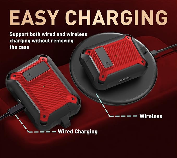 for Airpods Pro 2/1 Gen Case Cover with Lock Clip (2019/2022/2023), Rugged Locking Protective Case for Airpod Pro 2nd Generation Shockproof Armor Skin for Apple iPod Pro, Black/Red