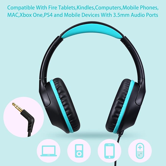 Kids Headphones Over-Ear Headphones for Kids/Teens/School with 94dB Volume Limited Adjustable Stereo 3.5MM Jack Wire Cord for Fire Tablets/Travel/PC/Phones(Black)