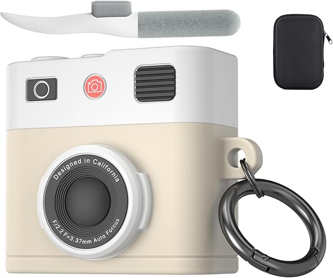 Valkit Compatible Airpods 4 Generation Case with Cleaner Kit, Cute 3D Camera Design Airpods 4 Case Cover with Keychain Shockproof Protective Soft Silicone Case for Airpods 4 Gen for Men Women(Beige)