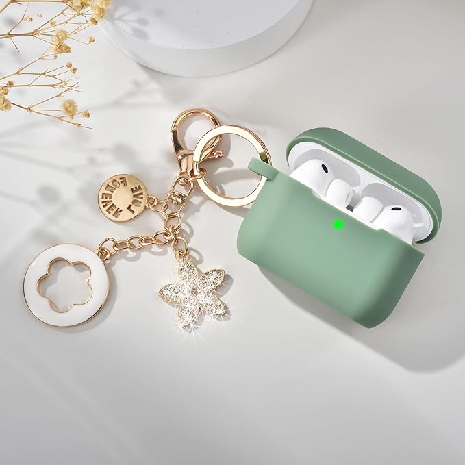 VISOOM for AirPods Pro 3 Case 2025, Silicone Case for Apple Air Pods Pro 3rd Generation Cover Women, Cute iPods 3 Protective Cover with Bling Keychain & Cleaning Kit,Green
