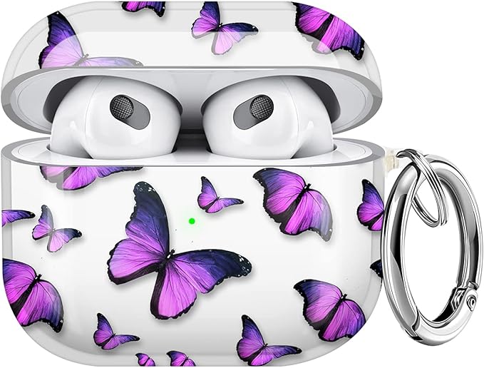 Maxjoy for AirPods 3 Case, Clear AirPod 3rd Generation Case for Women Men Cute Soft Protective AirPods 3 Cover with Keychain for AirPod 3rd Generation Charging Cover 2021, Butterfly Purple