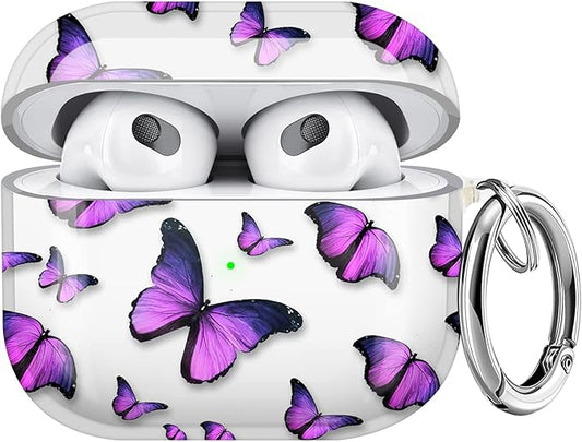 Maxjoy for AirPods 3 Case, Clear AirPod 3rd Generation Case for Women Men Cute Soft Protective AirPods 3 Cover with Keychain for AirPod 3rd Generation Charging Cover 2021, Butterfly Purple