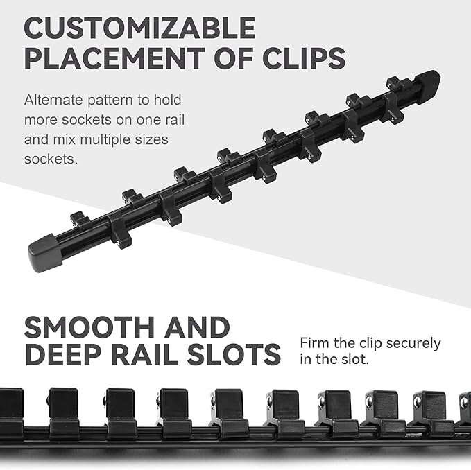 ALOANES 18PC ABS Socket Organizer, Socket Rails Fit 1/2 inch, 3/8 inch and 1/4 inch Drive, toHeavy Duty Socket Holders Hold up to 258 Sockets, Black Rails with Black Clips