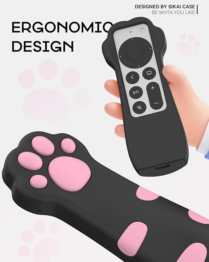 SIKAI CASE Silicone Case Fit Designed for Apple TV 4K 2021/2022 Siri Remote Protective Case with Shockproof Compatible with AirTag (Black Paw)