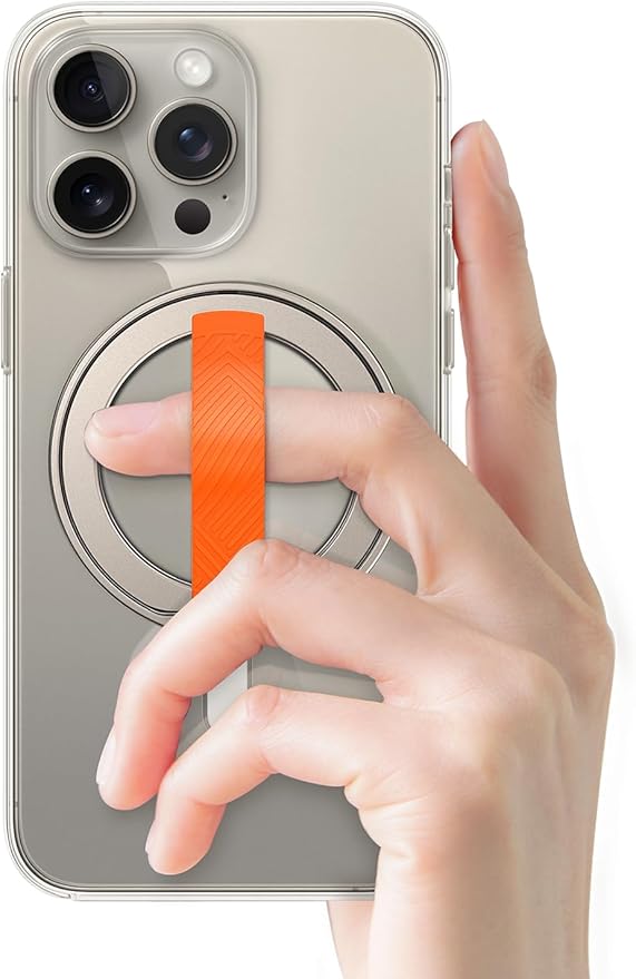 EWA MagOne 2nd Gen [Compatible with MagSafe] Phone Grip Stand with Replaceable Silicone Finger Strap, Magnetic Ring Holder Kickstand Loop, for iPhone 16,15,14,13Pro/ Max/Plus-(Gold-Orange)