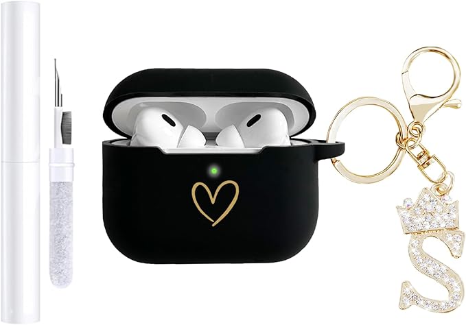 Compatible with AirPods Pro 3 Case Cover (2025), Soft Silicone Case with Gold Heart Pattern for AirPods Pro 3rd Generation Case with Rhinestone Studded Letter A-Z Keychain (S Black)