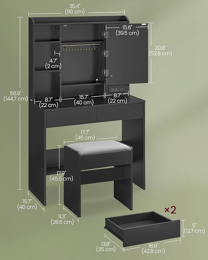 VASAGLE KAILYN Collection - Vanity Desk with Power Outlets, Makeup Vanity with Mirror and Lights, Upholstered Vanity Stool, LED Lights, 6 Compartments, 2 Drawers, for Bedroom, Ink Black URDT031B01