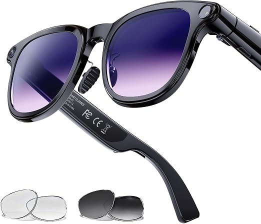AI Smart Glasses: 8MP stabilized Camera, 30+ Language Real-time Translation, ChatGPT AI, Object Recognition, 300mAh, Type-C, 2 Lenses, BT6.0 Open-Ear Audio. for vlog, Travel & Business.