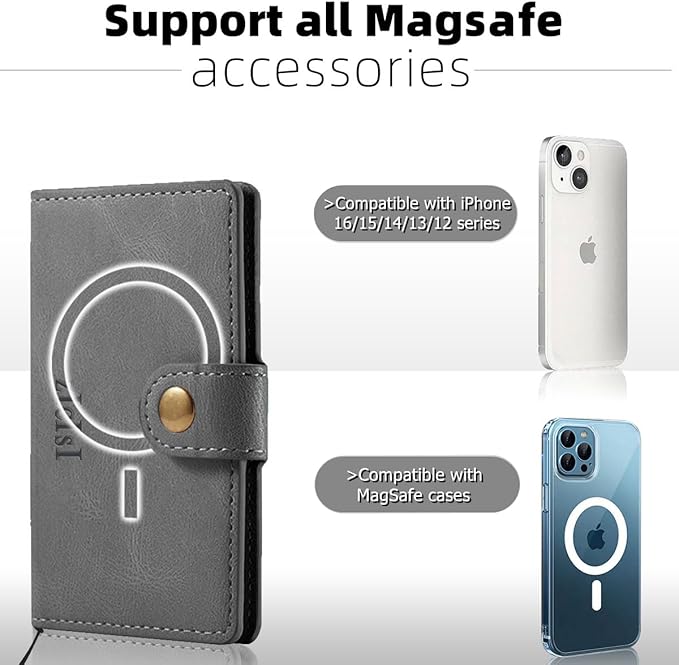 Magsafe Phone Wallet,Magnetic Wallet for iPhone 16/15/14 Pro Max/14 Pro/14 Plus/13/12 Series,5 Card Slots with RFID Blocking/Tether Tab/Rop,Anti-lost,Vegan Leather,Gray