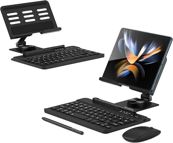 Desktop Stand & Bluetooth Keyboard Combo for Galaxy Z Fold 7/6/5/4 & Z Trifold, 4-in-1 Includes Mouse Pen, Slot, Adjustable Foldable Tablet Stand, Fits 4.7"-13" Tablets Cellphone, Black