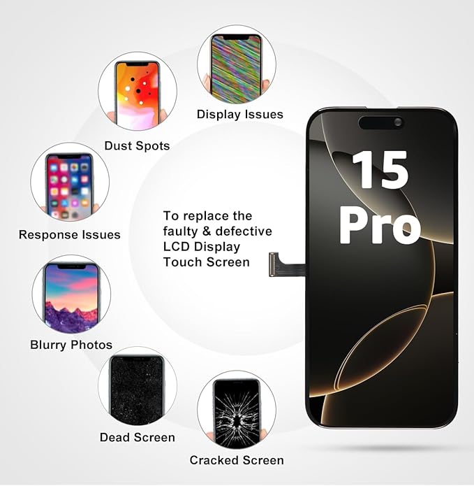 LL TRADER Screen Replacement for iPhone 15 Pro 6.1" LCD Retina FHD Display COF Touch Screen Digitizer with Repair Tool Kits, Waterproof Tape, Screen Protector (Truetone programable)