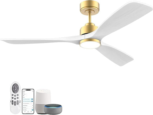 52 Inch Wood Smart Ceiling Fans with Lights Remote,Voice Control via WIFI Alexa App,Quiet DC Motor,Outdoor Indoor Ceiling Fan,Dimmable,Modern Gold White Lighting & Ceiling Fan for Bedroom Patio Porch
