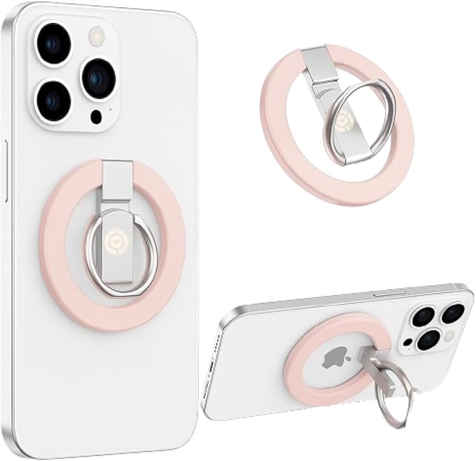 Pink Ergonomic Phone Ring Holder Magnetic Kickstand iPhone 11 12 13 14 15 16 17 Pro Max Samsung Galaxy S24 Ultra Anti-Slip Grip 360° Adjustable Foldable Finger Loop Wireless Charging Lightweight