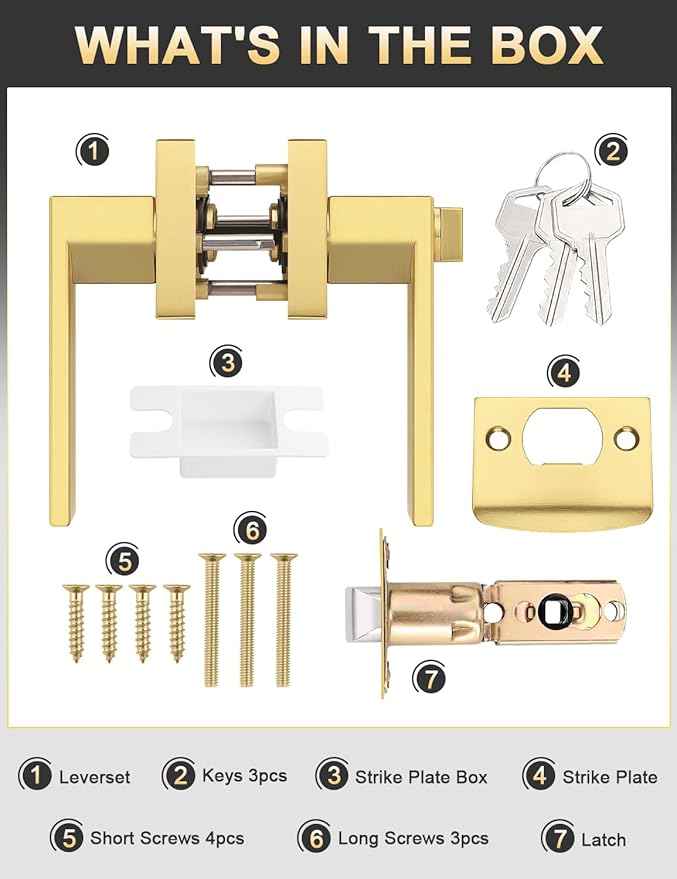 5 Pack Brushed Gold Entry Door Levers with Lock and Key, Satin Brass Keyed Alike Lockset Combo Pack, Entrance Door Handles for Office and Front Door, Door Knobs Lockset (Each with 3 Keys)