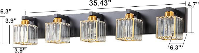 Crystal Black Gold Bathroom Vanity Light, 5-Lights Bathroom Lighting Fixtures Over Mirror Modern Glam Crystal Wall Lighting with Square Shade