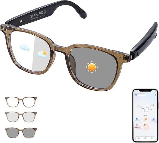AI Smart Glasses for Men Women, Bluetooth Glasses with Real-time Translation - 169 Languages, Color-Change Lenses, Build-in Mic & Speakers, Wearable Tech Glasses for Travel Business Learning-Brown